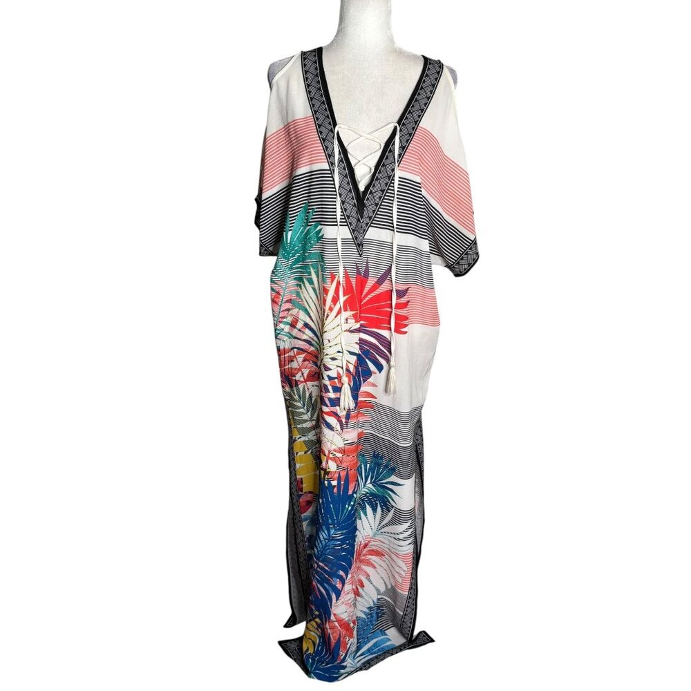 Flying Tomato Tropical Stripe V Neck Kaftan Maxi Dress Small Side Slits Lace Up
